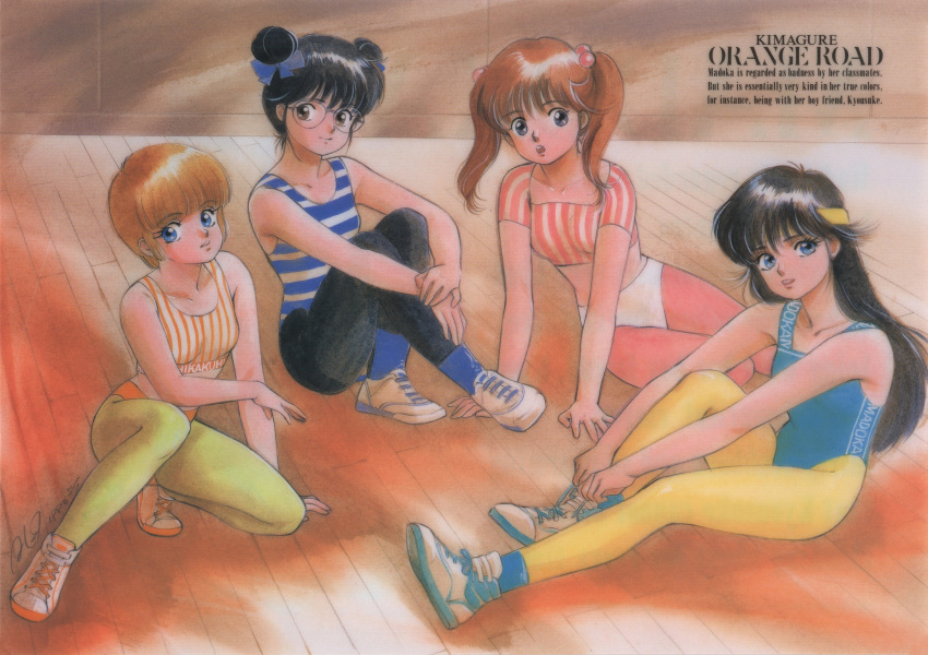 1980s_(style), 4girls, ayukawa_madoka, bangs, black_eyes, black_hair, blonde_hair, blue_eyes