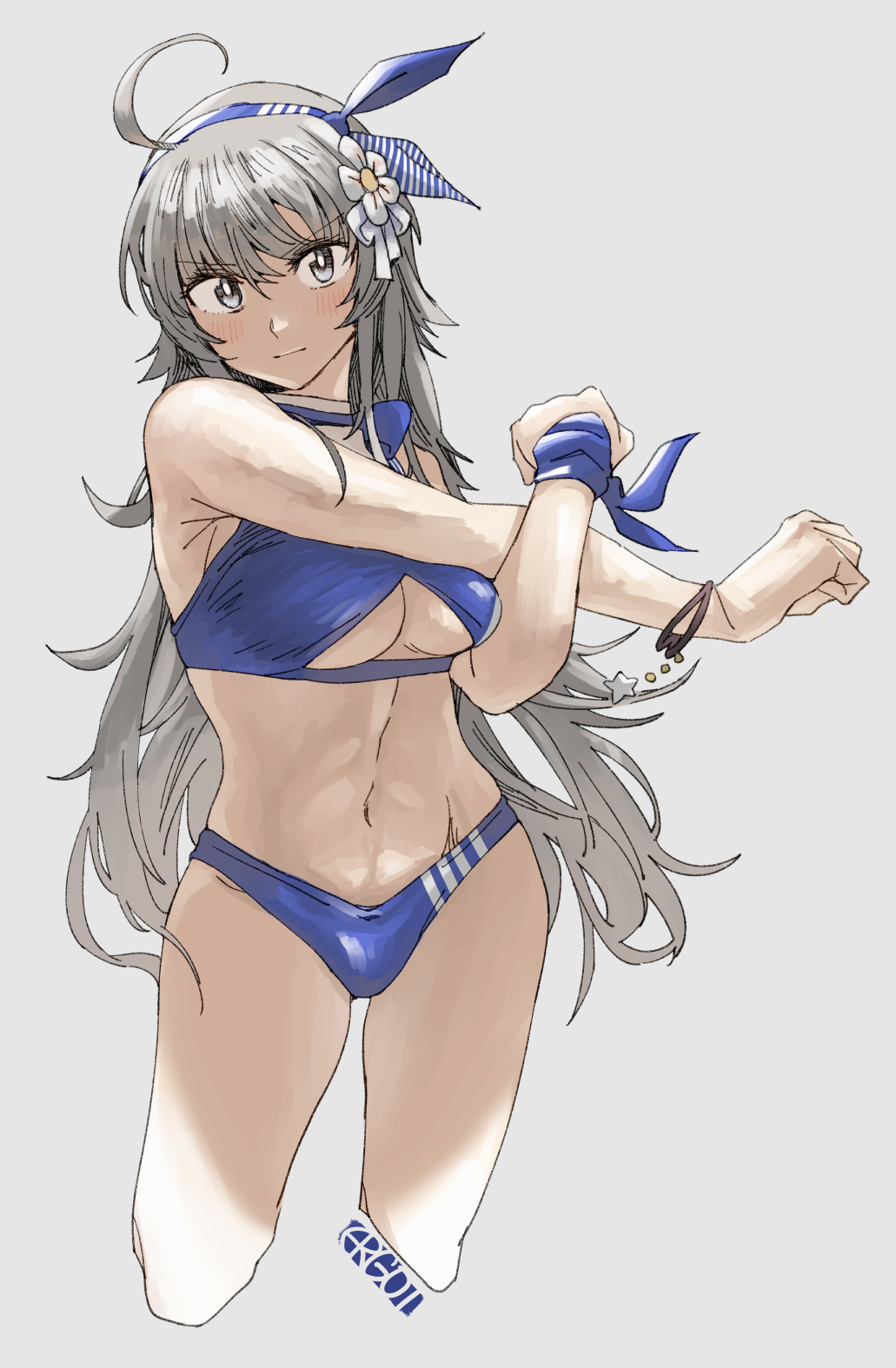 1girl, ahoge, bikini, blue_bikini, blue_eyes, blush, breasts, closed_mouth