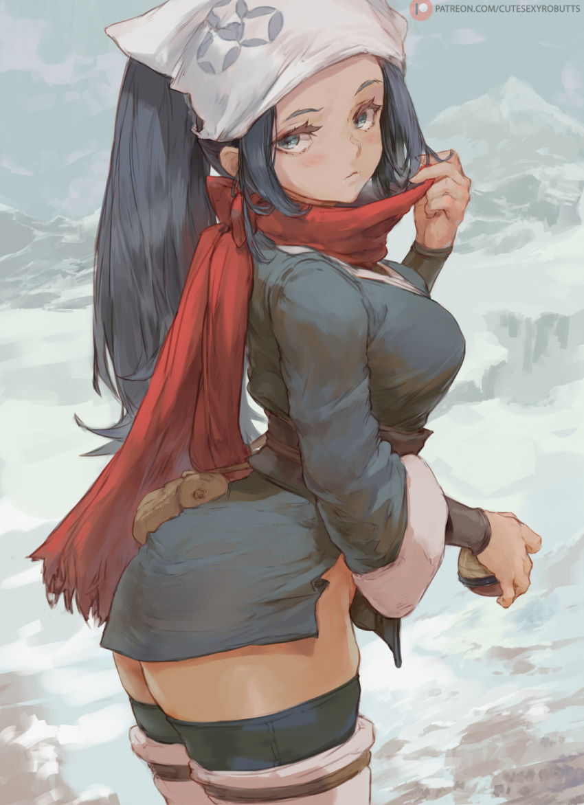 1girl, akari_(pokemon), bandana, black_hair, blue_eyes, boots, closed_mouth, cutesexyrobutts