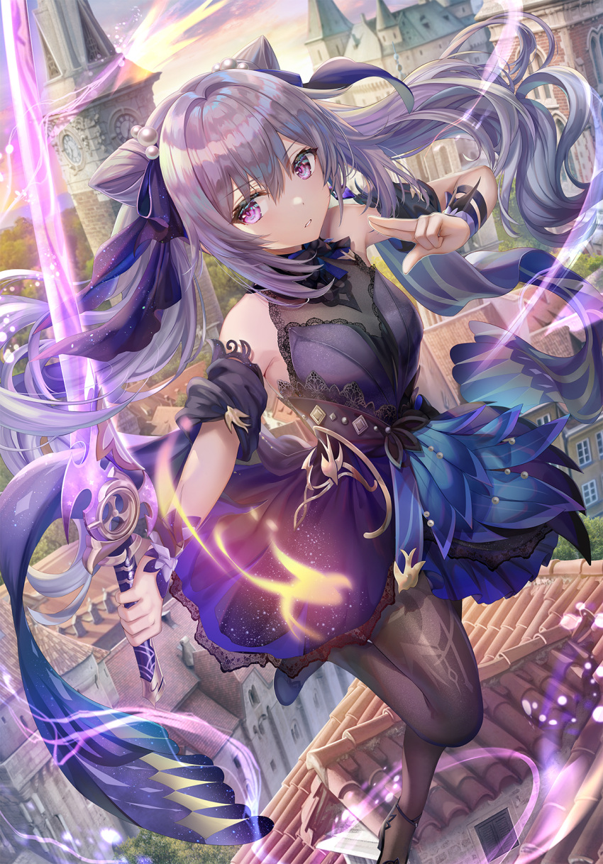 1girl, bangs, bare_shoulders, city, clock, clock_tower, commentary_request, detached_sleeves