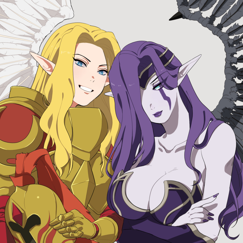 2girls, angel_wings, armor, bangs, blonde_hair, blue_eyes, breasts, collarbone