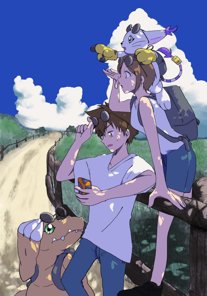 1boy, 1girl, agumon, backpack, bag, breasts, brother_and_sister, brown_hair, cellphone, chiyu1995, clouds, commentary_request, digimon, digimon_adventure, digimon_adventure_tri., eyewear_on_head, green_eyes, highres, holding, holding_phone, open_mouth, pants, phone, pointing, road, round_eyewear, shirt, shorts, siblings, sky, sunglasses, t-shirt, tailmon, tree_shade, white_shirt, yagami_hikari, yagami_taichi