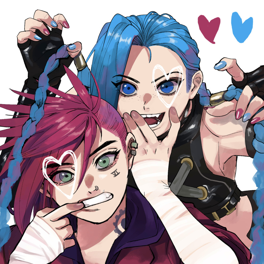 2girls, arcane:_league_of_legends, arcane_jinx, arcane_vi, asymmetrical_bangs, bangs, blue_eyes, blue_hair, blue_nails, braid, brown_shirt, character_name, claw_pose, crop_top, ear_piercing, fangs, finger_in_mouth, freckles, green_eyes, hands_up, heart, highres, hiyari_(hiyarilol), jacket, jinx_(league_of_legends), league_of_legends, long_hair, looking_at_viewer, mismatched_nail_polish, multiple_girls, nail_polish, neck_tattoo, nose_piercing, piercing, red_jacket, red_nails, redhead, shiny, shiny_hair, shirt, short_hair, siblings, sidecut, sisters, tattoo, teeth, twin_braids, vi_(league_of_legends)