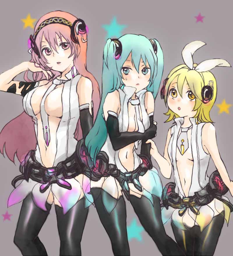 alice-yuki, cosplay, elbow_gloves, gloves, hatsune_miku, hatsune_miku_(append), kagamine_rin, megurine_luka