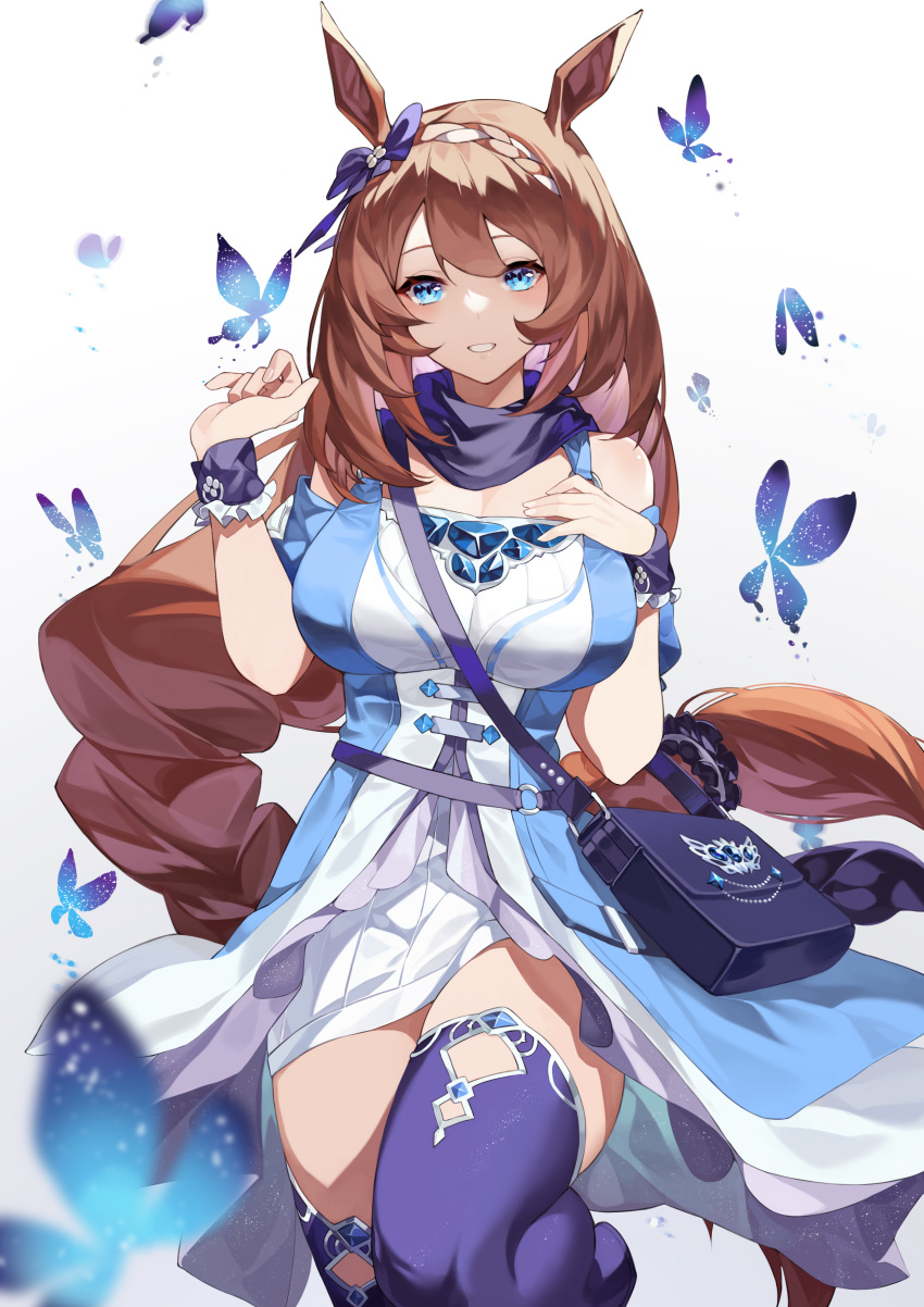 1girl, absurdres, animal_ears, bag, bangs, blue_eyes, blue_legwear, breasts