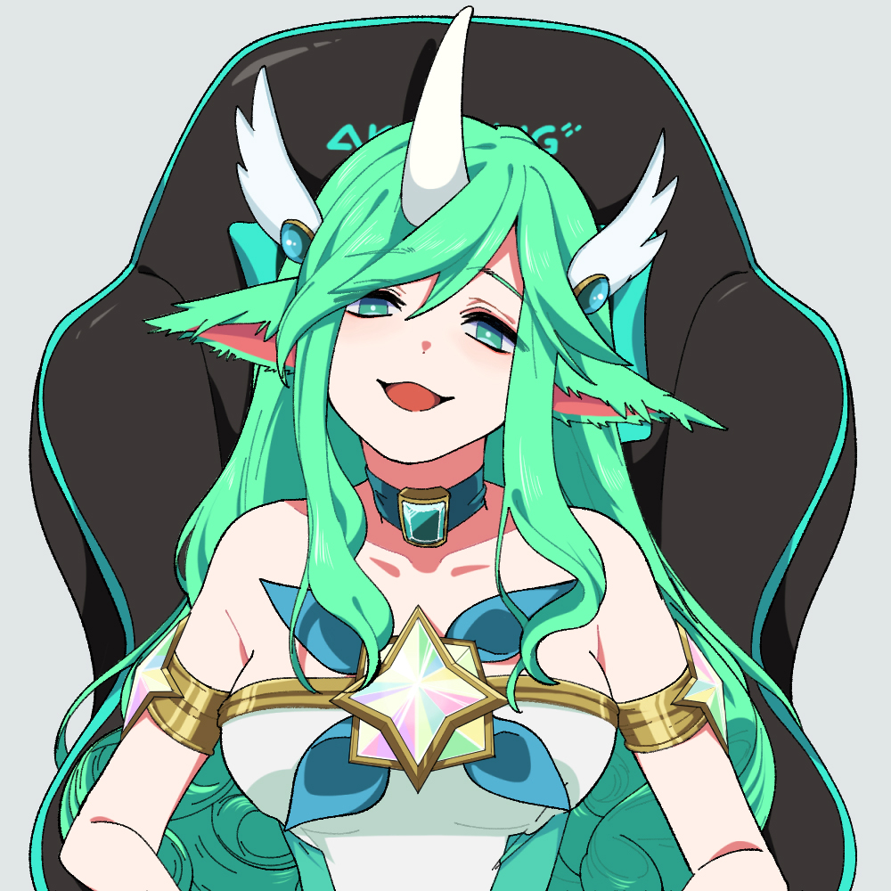 1girl, :d, alternate_hair_color, animal_ears, bangs, bare_shoulders, breasts, chair, collarbone, eyebrows_visible_through_hair, gaming_chair, gloves, green_eyes, green_hair, hiyari_(hiyarilol), horns, large_breasts, league_of_legends, long_hair, looking_at_viewer, magical_girl, official_alternate_costume, pointy_ears, single_horn, sitting, smile, solo, soraka_(league_of_legends), star_guardian_(league_of_legends), star_guardian_soraka, very_long_hair, white_gloves