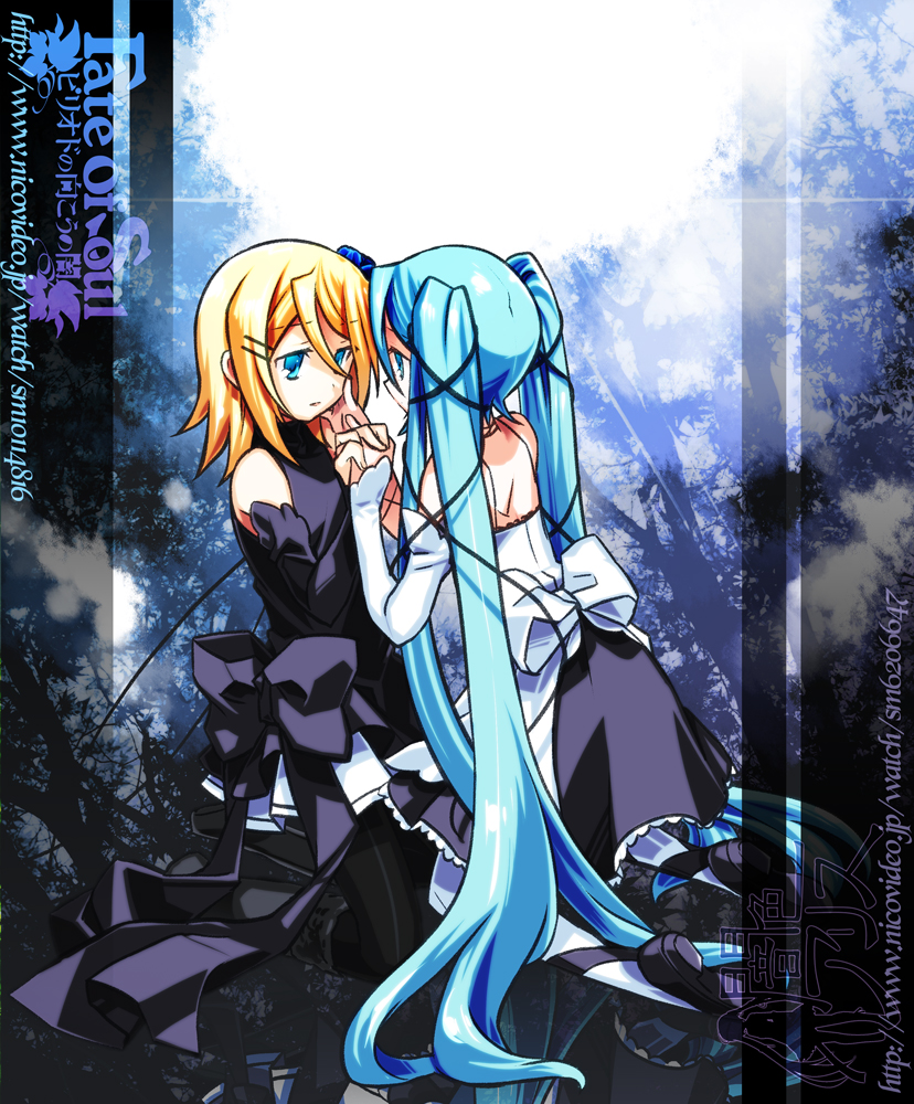 blonde_hair, blue_eyes, blue_hair, detached_sleeves, dress, eye_contact, fate_of_soul_(vocaloid), hair_ornament, hairclip, hand_holding, hatsune_miku, holding_hands, kagamine_rin, kneeling, long_hair, multiple_girls, negi_(ulogbe), pantyhose, short_hair, twintails, ulogbe, very_long_hair, vocaloid, yami-iro_alice_(vocaloid)