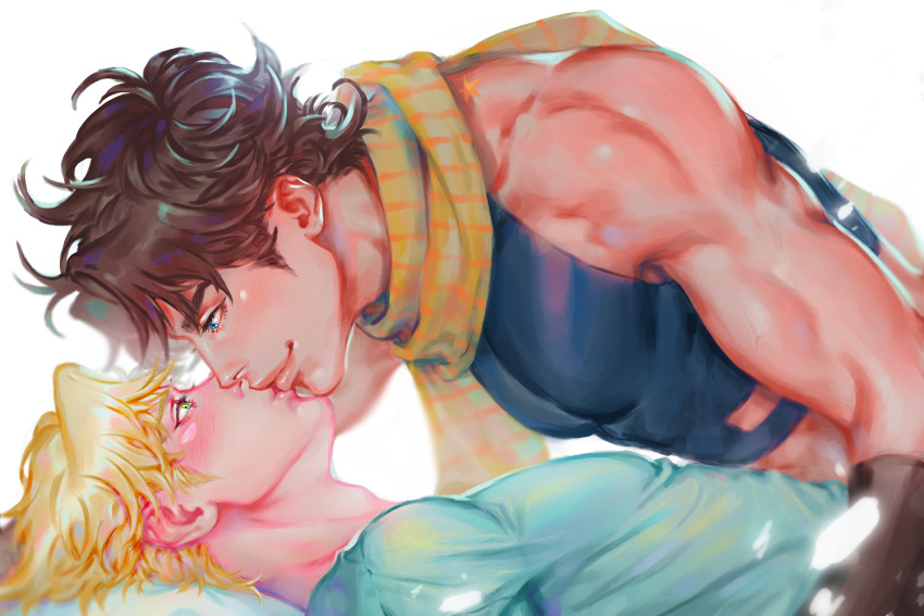 2boys, bare_shoulders, battle_tendency, biceps, blonde_hair, blue_eyes, brown_hair, caesar_anthonio_zeppeli