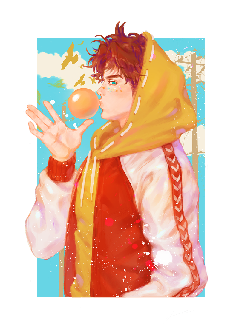 1boy, battle_tendency, bird, blue_eyes, brown_hair, bubble_blowing, hand_in_pocket, homil22