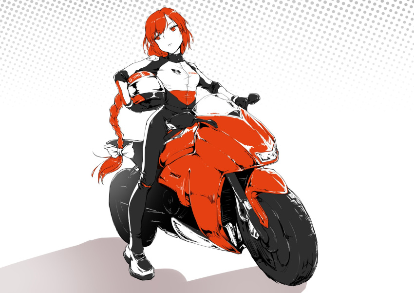 biker_clothes, black_gloves, bow, braid, gloves, ground_vehicle, hair_bow, helmet, highres, holding, holding_helmet, long_hair, motor_vehicle, motorcycle, motorcycle_helmet, okazaki_yumemi, red_eyes, redhead, stank, touhou, touhou_(pc-98), very_long_hair, white_bow