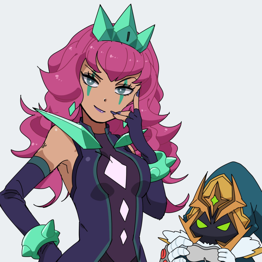 1boy, 1girl, bangs, bare_shoulders, battle_boss_qiyana, battle_boss_veigar, black_dress, bracelet