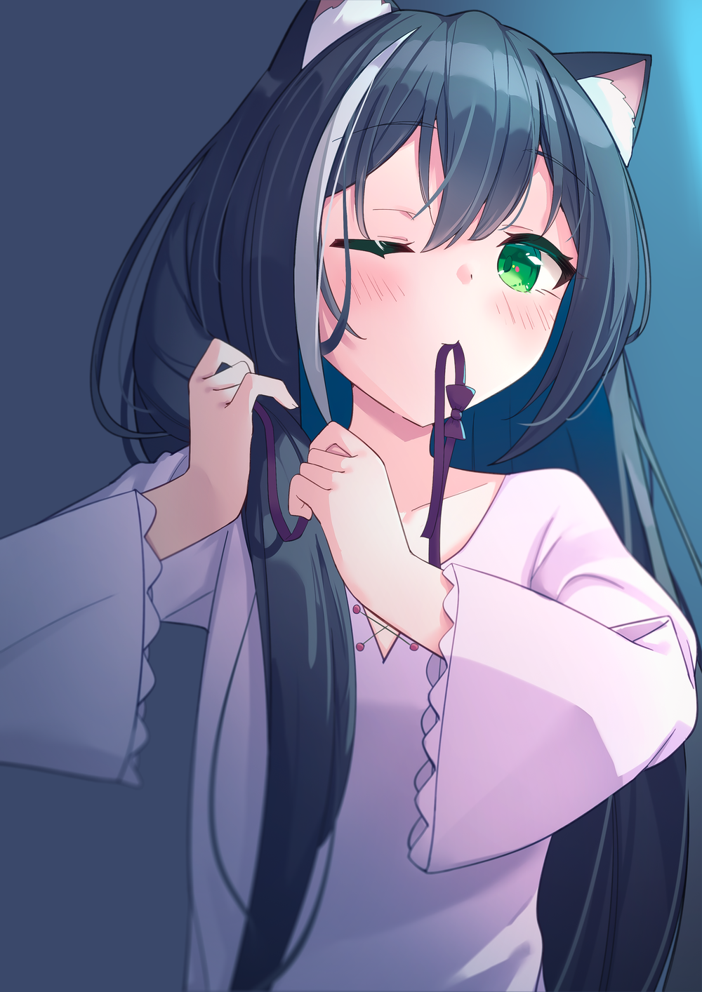 1girl, adjusting_hair, animal_ear_fluff, animal_ears, bangs, black_hair, blush, cat_ears