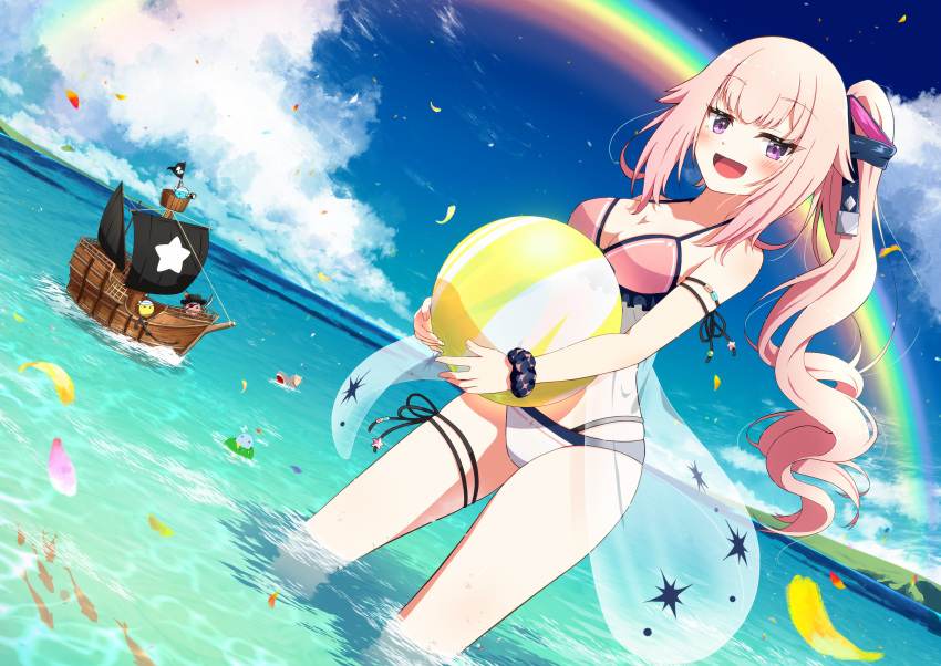 1girl, absurdres, arm_strap, ball, beachball, bikini, breasts, clouds