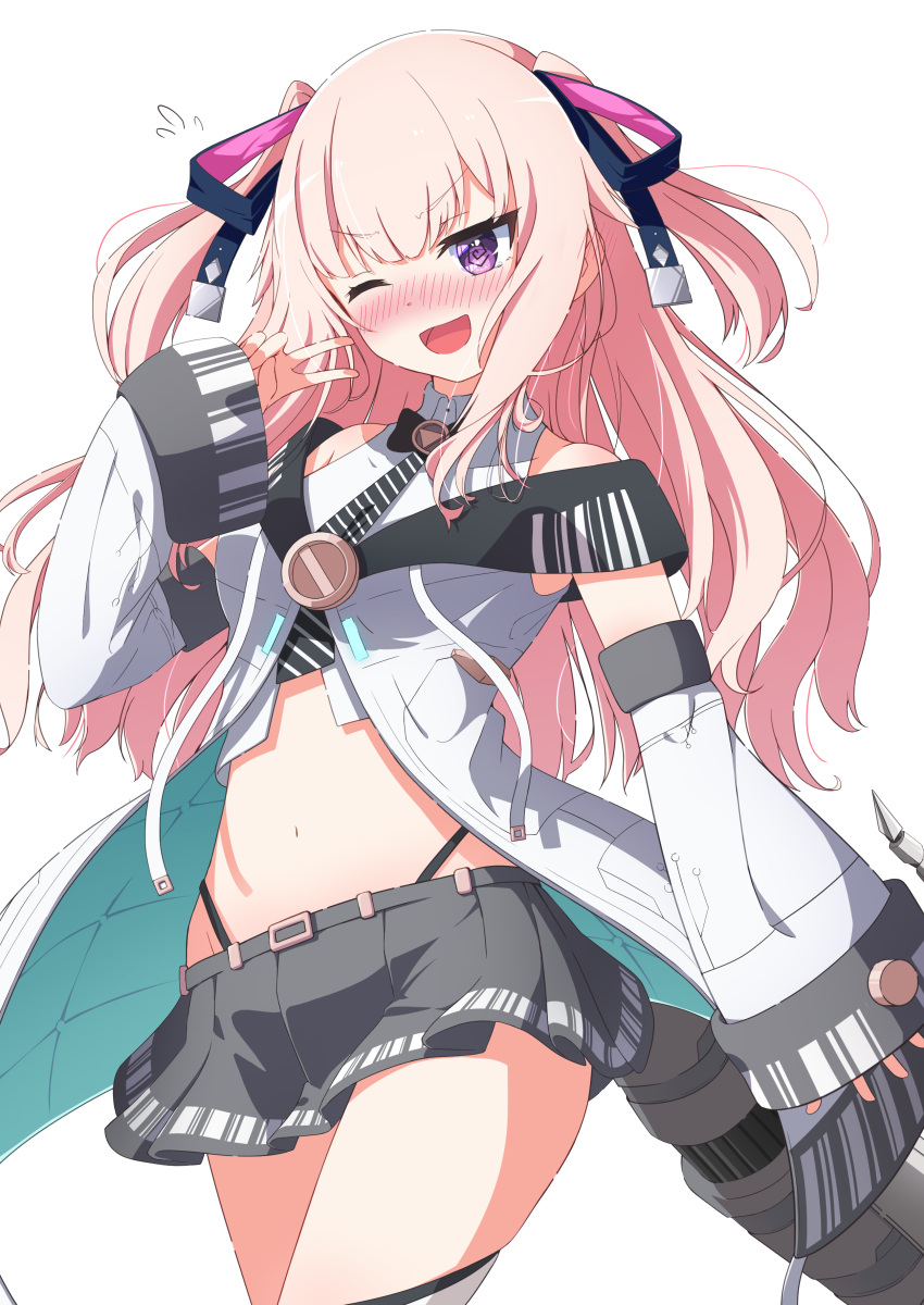 1girl, :d, absurdres, black_ribbon, black_skirt, blush, breasts, collared_shirt, cosplay, cropped_shirt, eyebrows_visible_through_hair, floating_hair, fukurou_(hukurou), grey_jacket, hair_ribbon, highres, hoshifuri_iku, ibuki_meno, ibuki_meno_(cosplay), jacket, long_hair, looking_down, medium_breasts, midriff, navel, off_shoulder, one_eye_closed, open_mouth, pink_hair, prism_project, ribbon, shirt, skirt, sleeveless, sleeveless_shirt, smile, solo, v-shaped_eyebrows, violet_eyes, virtual_youtuber, white_background, white_shirt