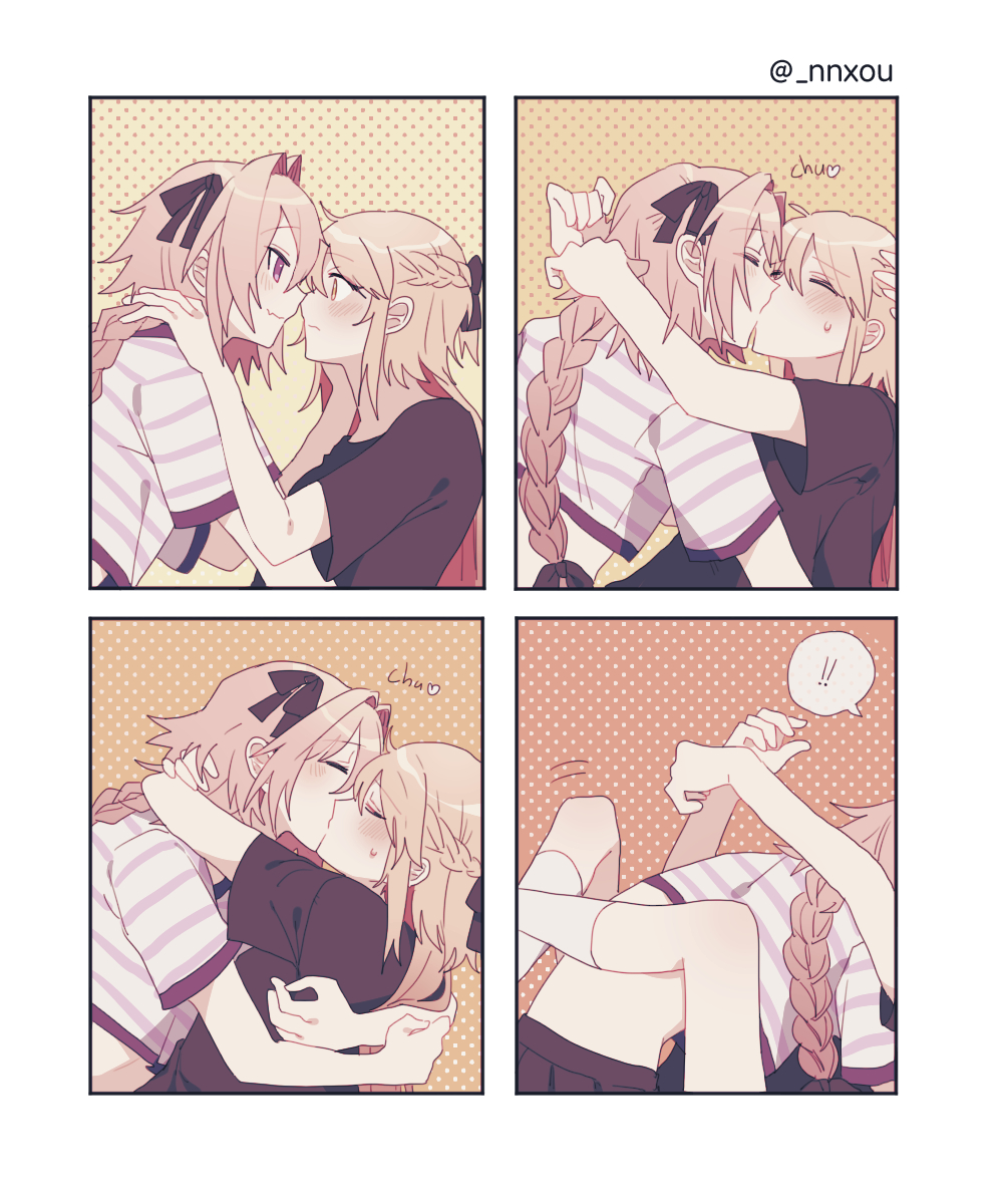 1boy, 1girl, astolfo_(fate), blonde_hair, blush, braid, crop_top, fate/apocrypha, fate_(series), highres, hug, kiss, koyashaka, midrff, original, otoko_no_ko, pink_hair, yellow_eyes