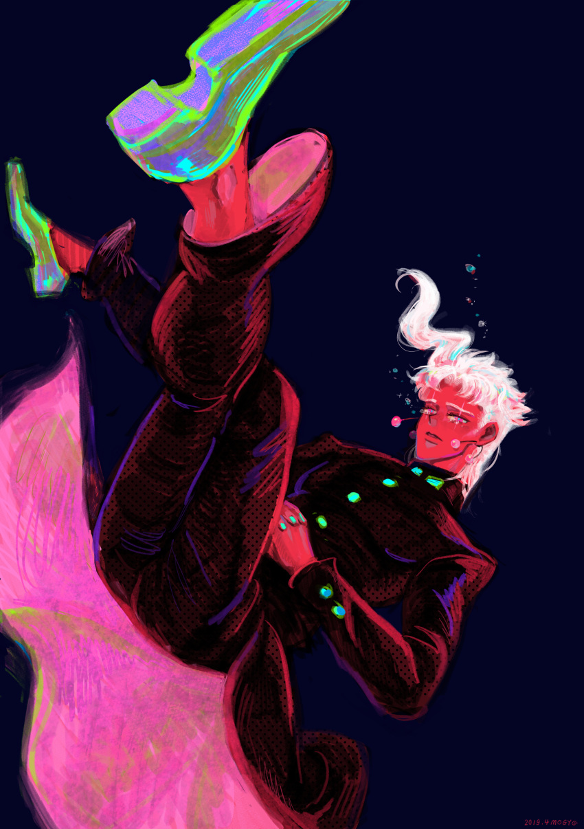1boy, absurdres, earrings, falling, floating, gakuran, highres, jewelry