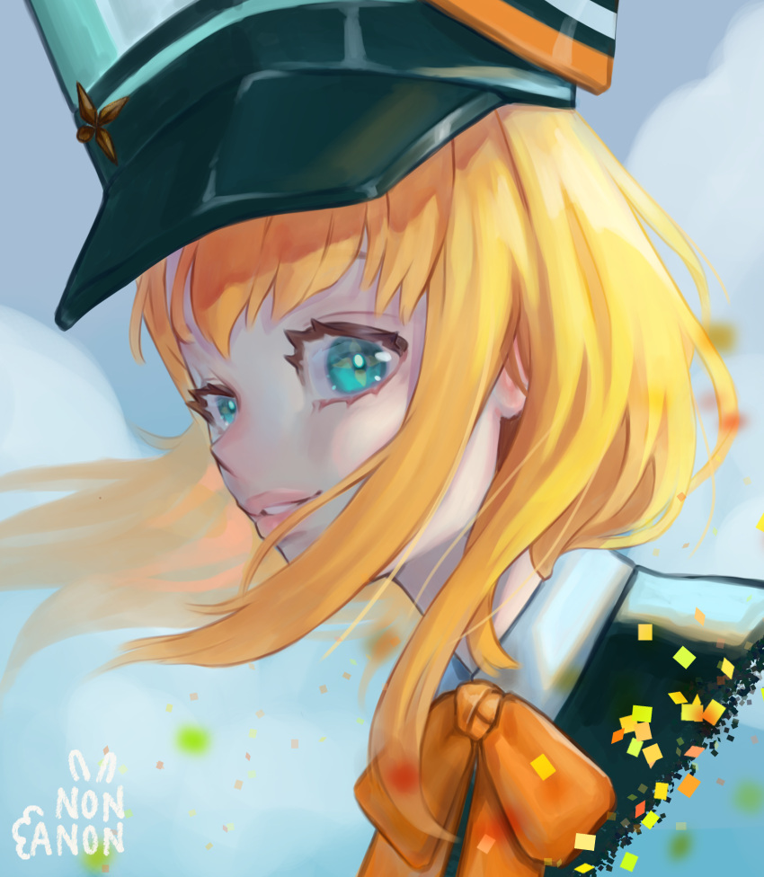 1girl, anon_non_(artist), artist_name, blue_background, blue_eyes, bow, clip_studio_paint_(medium), floating_hair