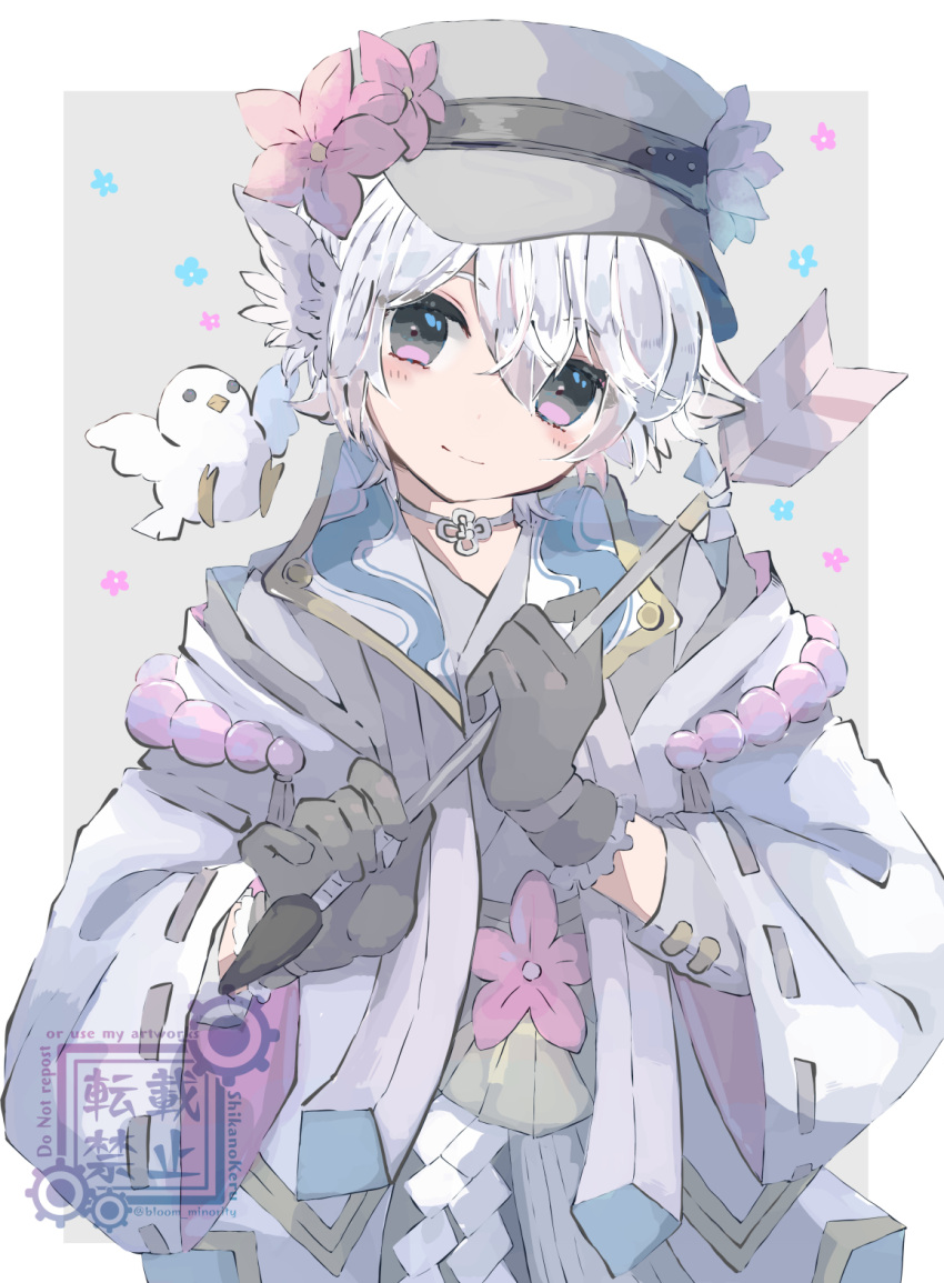 1boy, angel_wings, arrow_(symbol), bird, bloomminority, choker, cupid, dove