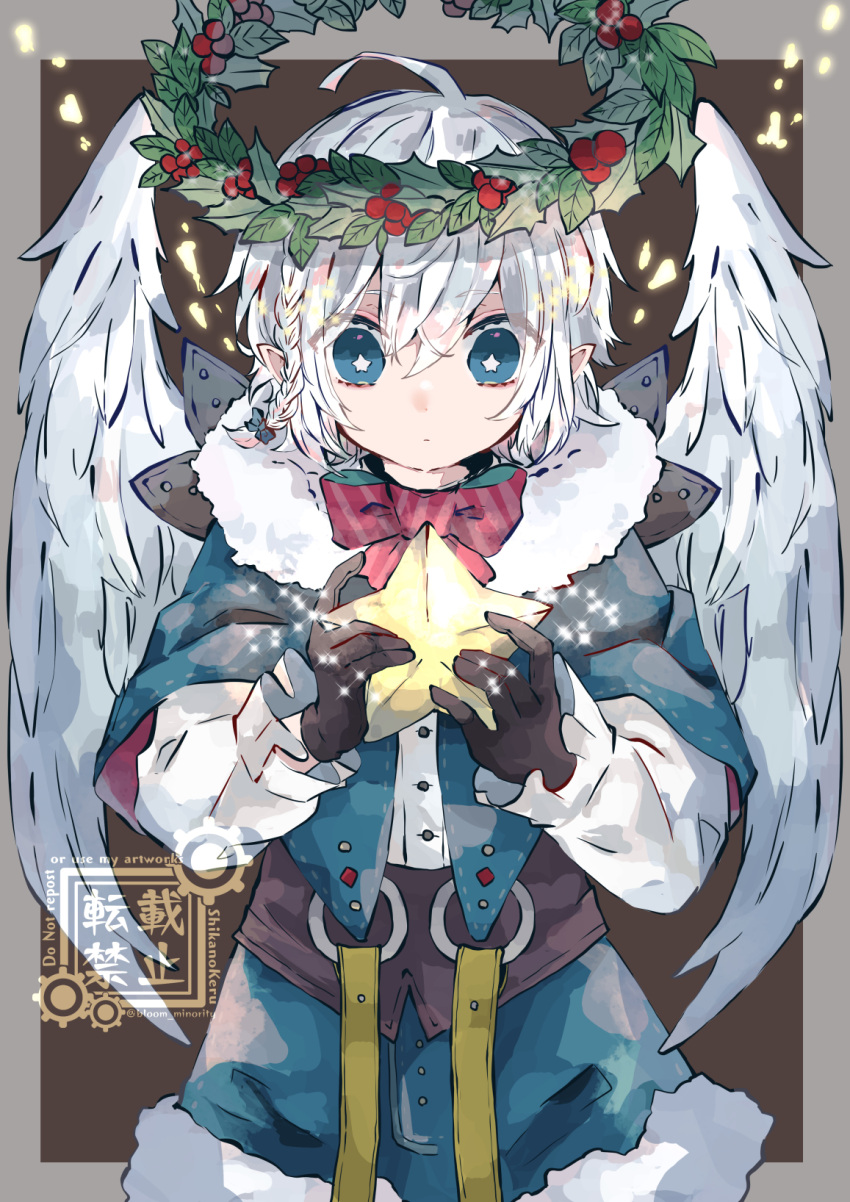 +_+, 1boy, angel, angel_wings, bloomminority, blue_eyes, braid, fantasy