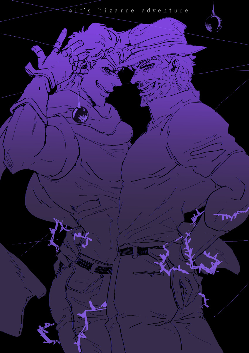 2boys, abs, absurdres, arm_around_waist, battle_tendency, beard, bola_(weapon), copyright_name