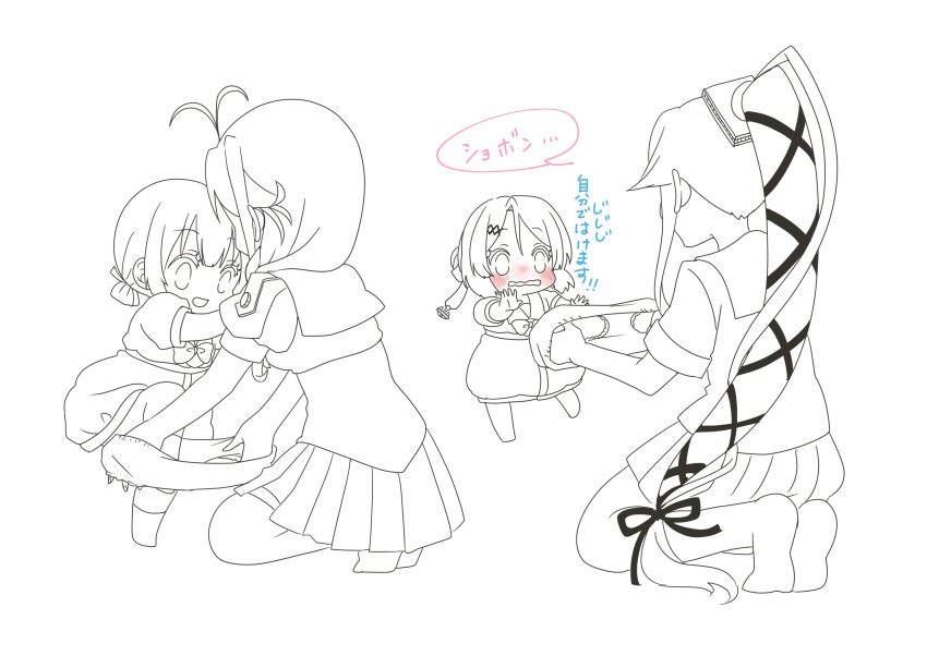 absurdres, blush, braid, commentary_request, diaper_changing, double_bun, dress, hair_ornament, hair_over_shoulder, hair_ribbon, hair_rings, hairclip, highres, kaiboukan_no._30_(kancolle), kaiboukan_no._4_(kancolle), kantai_collection, long_hair, matsu_(kancolle), medium_hair, mocchi_(mocchichani), pleated_skirt, ponytail, ribbon, sailor_collar, sailor_dress, school_uniform, serafuku, short_sleeves, skirt, translation_request, very_long_hair, yura_(kancolle)