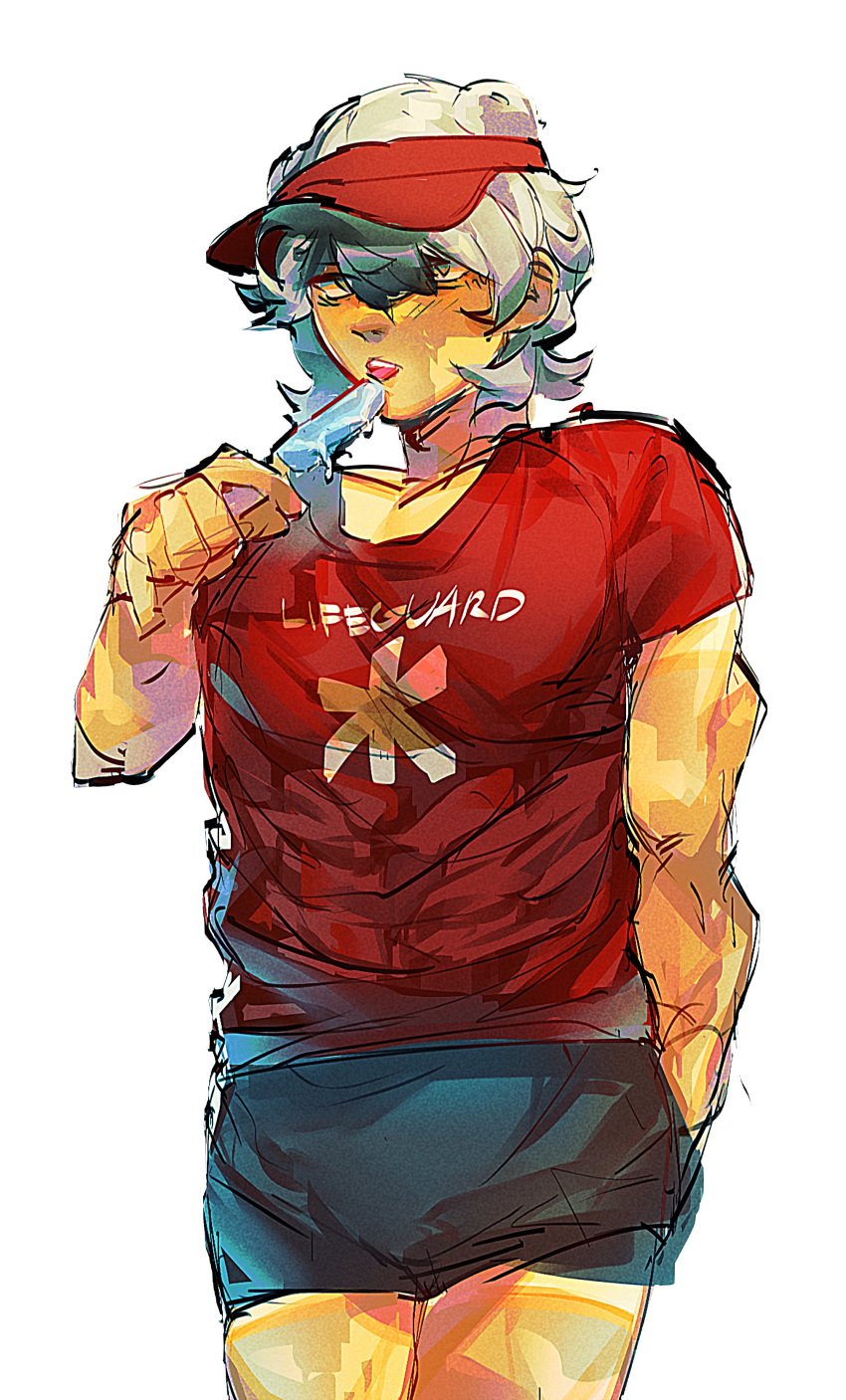 1boy, absurdres, arknights, bags_under_eyes, bishounen, cowboy_shot, eating, english_text, food, grey_eyes, grey_hair, hat, highres, jaye_(arknights), jaye_(beach_guard)_(arknights), linhuuuu, male_focus, popsicle, red_shirt, shirt, short_hair, shorts, simple_background, sleepy, solo, tired, toned, visor_cap