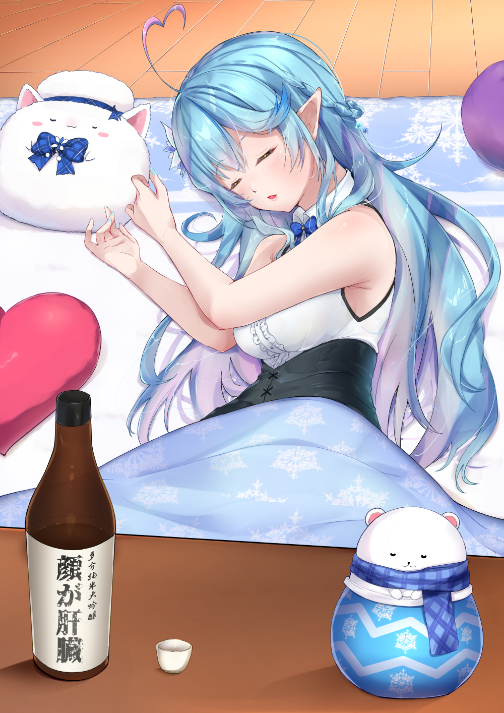 1girl, ahoge, alcohol, armpit_crease, blue_hair, blue_nails, bottle, braid
