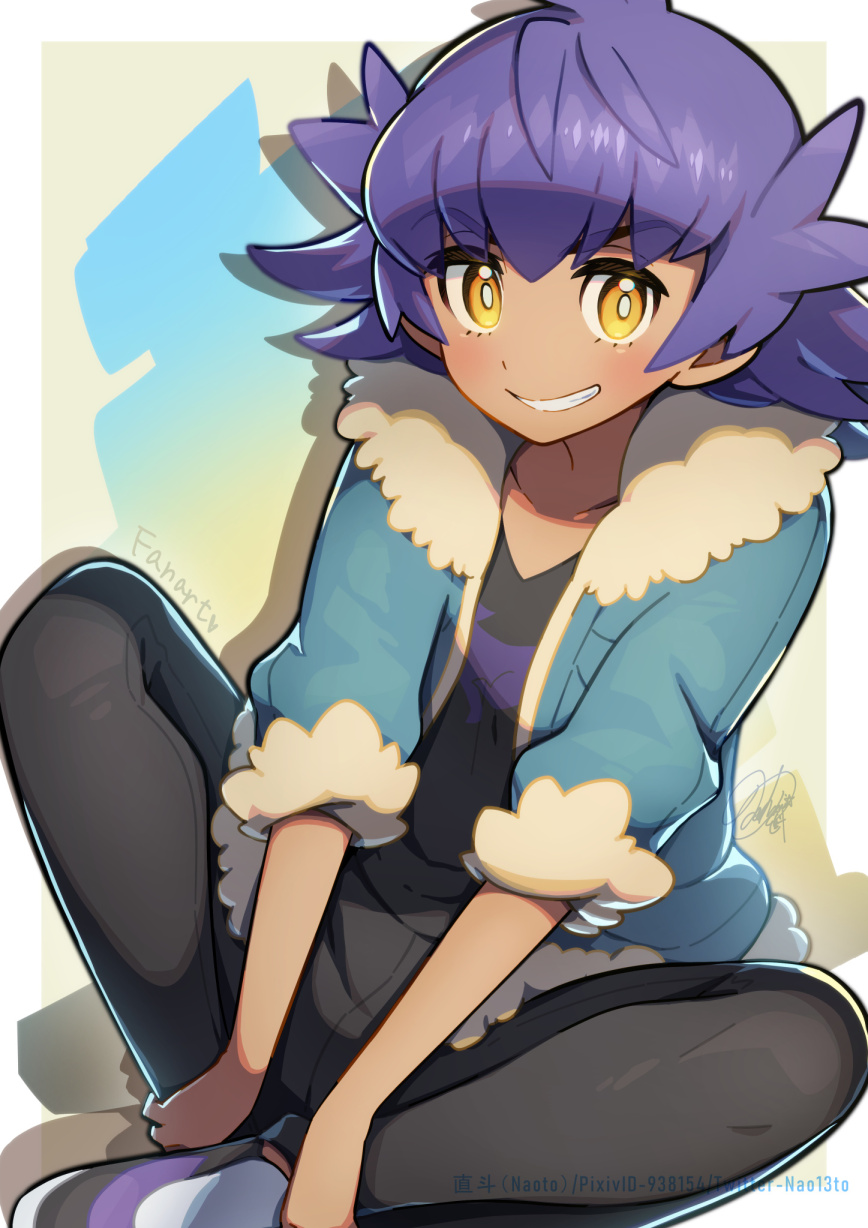 1boy, black_pants, black_shirt, blue_jacket, blush, bright_pupils, commentary_request, cosplay