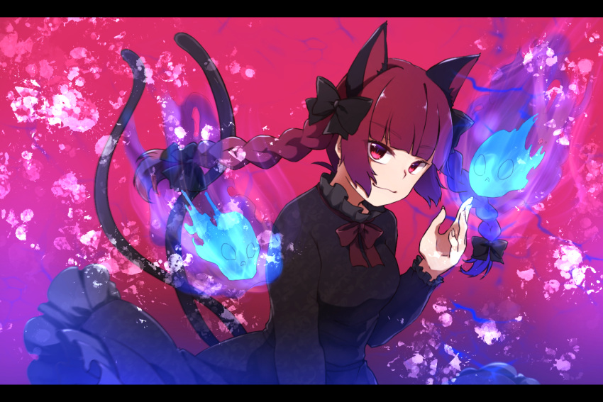 1girl, :3, animal_ears, bangs, black_bow, black_ribbon, bow, braid