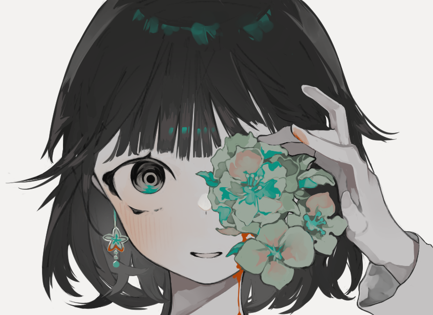 1girl, black_eyes, black_hair, blood, blood_on_face, blush, commentary_request, earrings