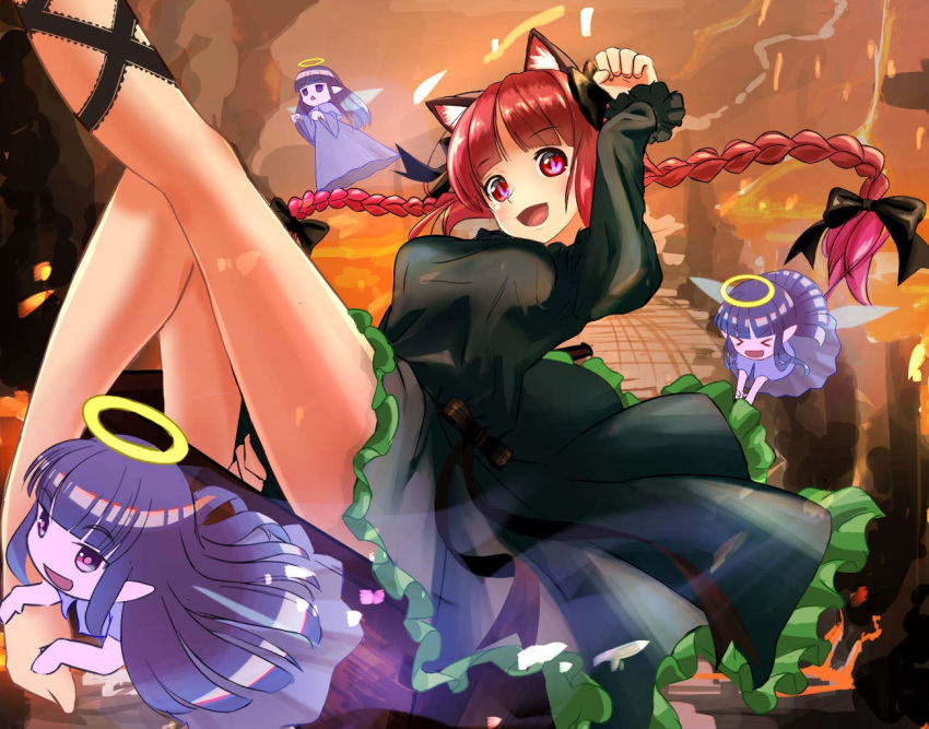 >_<, 4girls, animal_ears, asymmetrical_legwear, bangs, barefoot, black_bow, black_ribbon