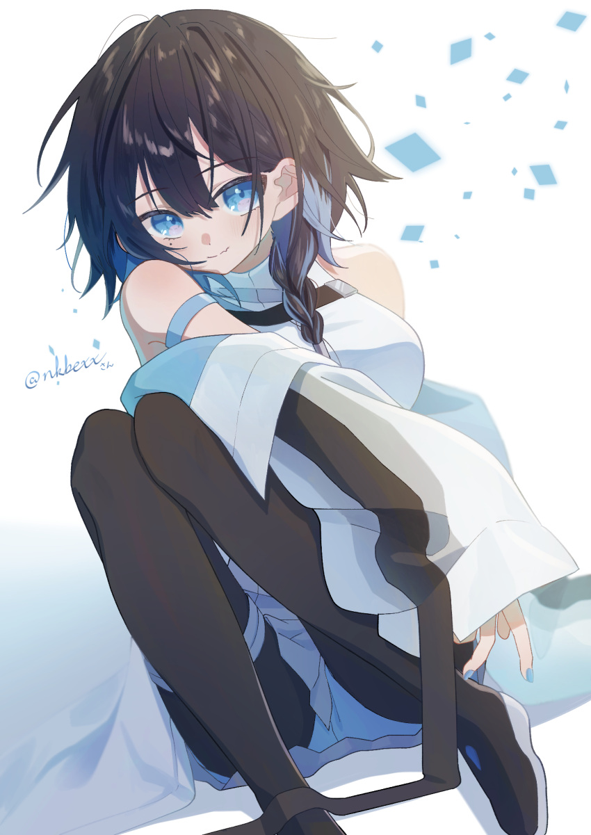 1girl, bangs, black_legwear, blue_eyes, blue_hair, blue_nails, braid, breasts