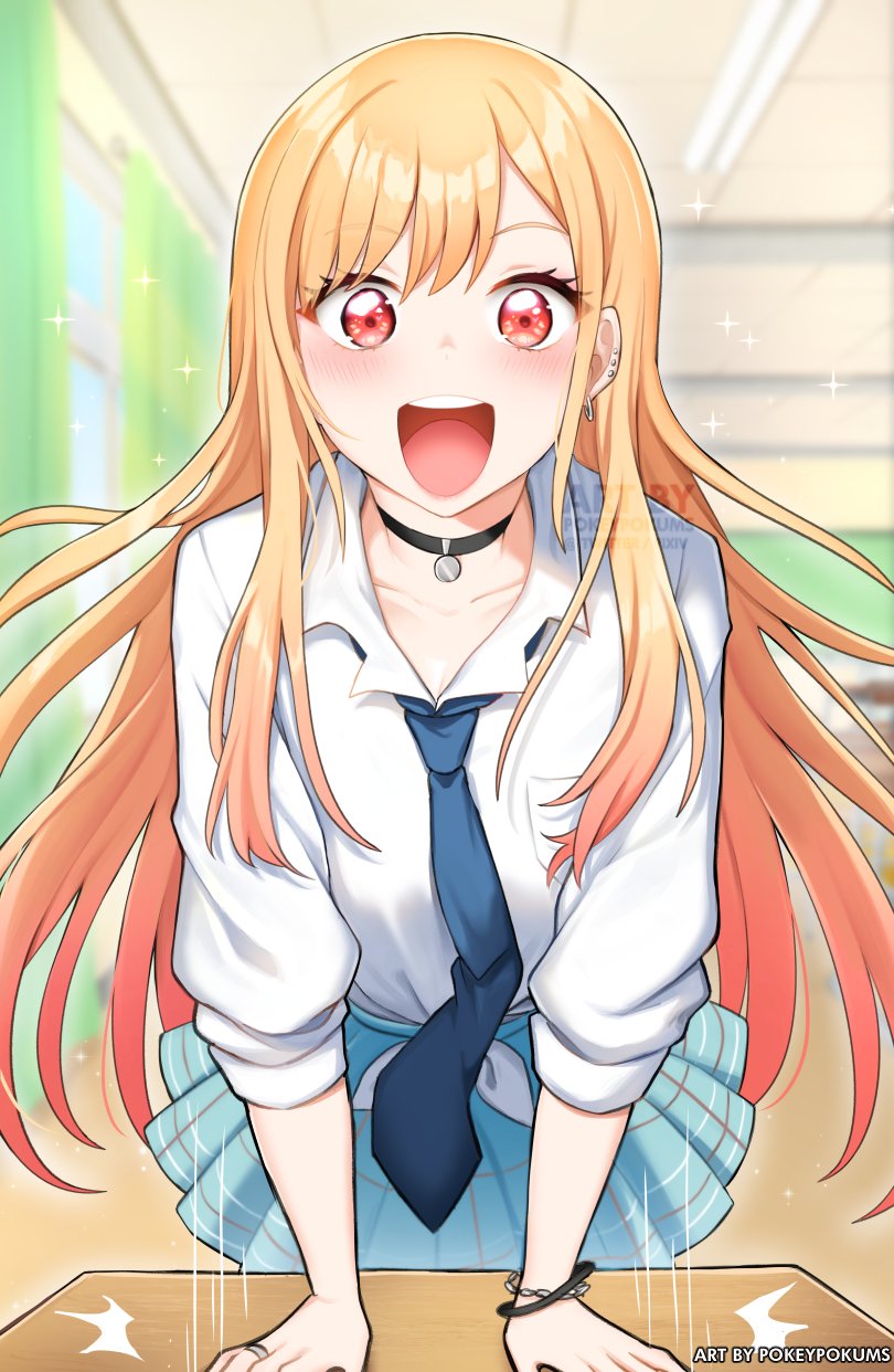 1girl, :d, artist_name, black_choker, blonde_hair, blue_necktie, blue_skirt, bracelet, choker, collarbone, commentary, ear_piercing, earrings, english_commentary, eyebrows_visible_through_hair, floating_hair, highres, jewelry, kitagawa_marin, long_hair, long_sleeves, looking_at_viewer, necktie, open_mouth, piercing, pokey, red_eyes, ring, round_teeth, shirt, skirt, smile, solo, sono_bisque_doll_wa_koi_wo_suru, table, teeth, upper_teeth, white_shirt