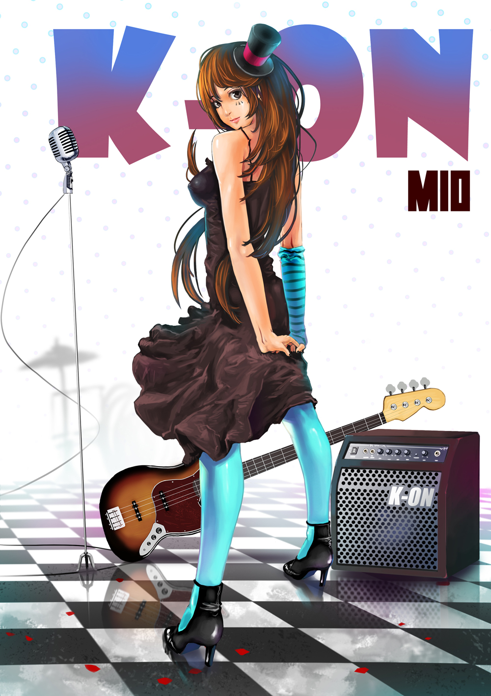 arms_behind_back, bass_guitar, blue_legwear, brown_hair, don't_say_"lazy", dress, elbow_gloves, from_behind