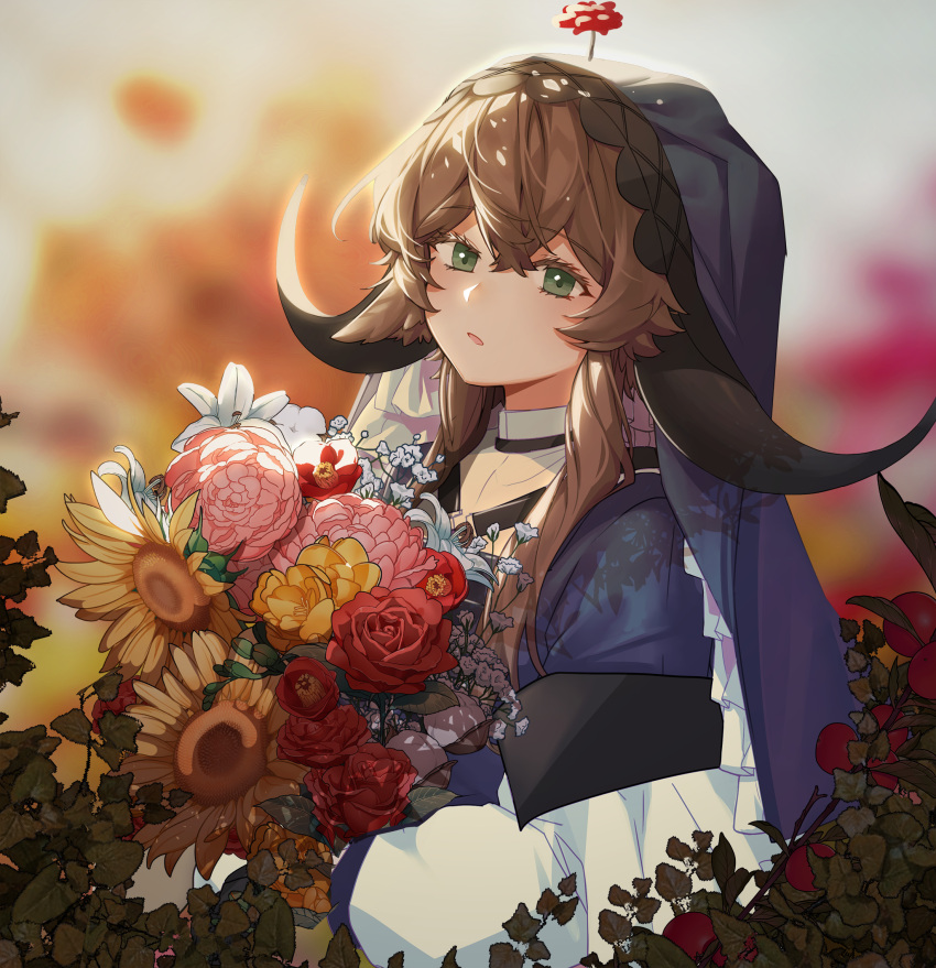 1girl, arknights, bangs, blue_shirt, blurry, blurry_background, blush, bouquet