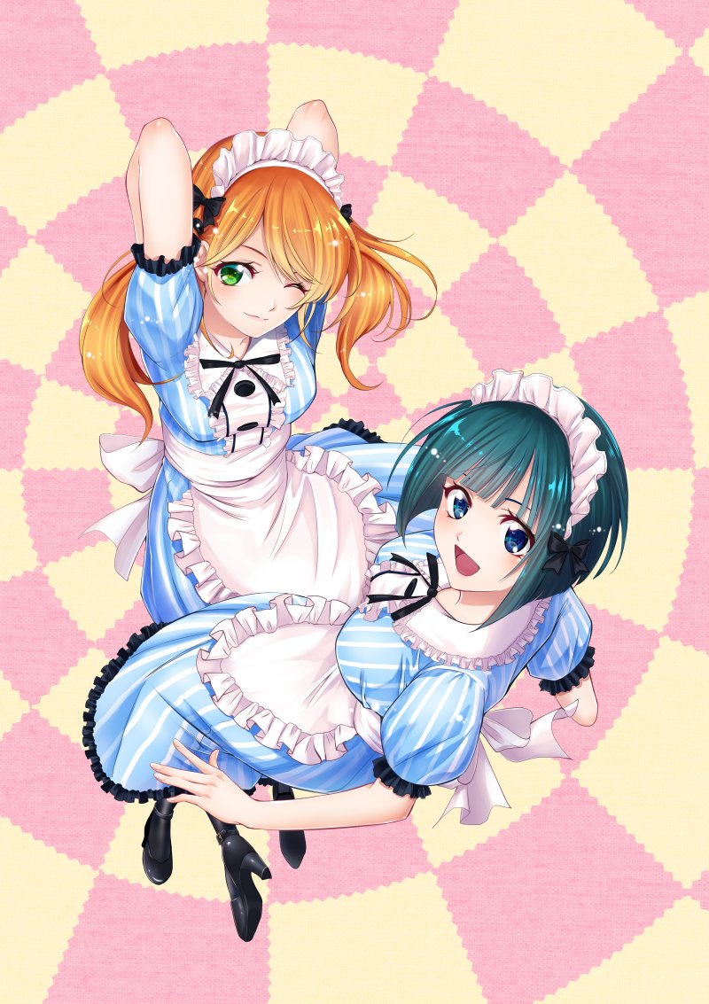 apron, aqua_hair, black_bow, black_footwear, black_legwear, blue_eyes, blue_shirt, blue_skirt