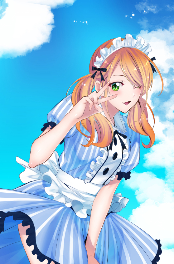 1girl, ;d, apron, black_bow, blue_shirt, blue_skirt, blue_sky, bow