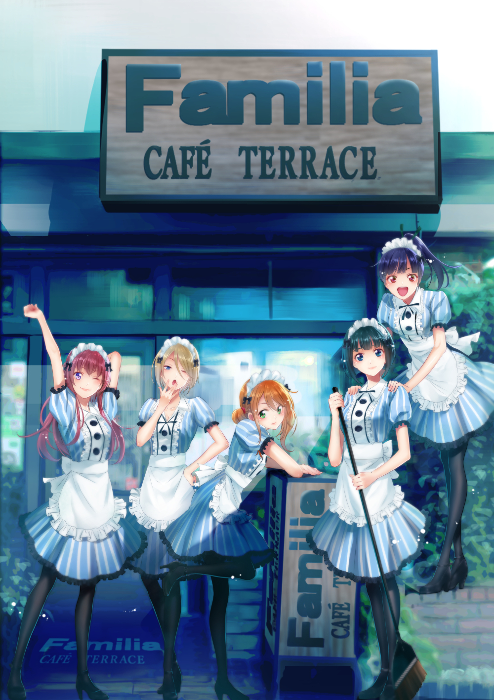 5girls, ;), apron, arm_behind_head, arm_up, black_bow, black_footwear, black_legwear, blonde_hair, blue_eyes, blue_hair, blue_ribbon, blue_shirt, blue_skirt, bow, broom, brown_hair, copyright_name, covering_mouth, floating_hair, frilled_skirt, frills, green_eyes, green_hair, hair_bow, hair_ribbon, hand_over_own_mouth, hands_on_another's_shoulder, high_heels, high_ponytail, highres, holding, holding_broom, hououji_akane, hugging_own_legs, long_hair, looking_at_viewer, maid_headdress, makusawa_ouka, medium_skirt, megami_no_kafeterasu, multiple_girls, official_art, one_eye_closed, ono_shiragiku, pantyhose, pumps, red_eyes, redhead, ribbon, seo_kouji, shiny, shiny_hair, shirt, short_hair, short_sleeves, skirt, smile, standing, straight_hair, striped, striped_shirt, striped_skirt, tsukishima_riho, tsuruga_ami, vertical-striped_shirt, vertical-striped_skirt, vertical_stripes, very_long_hair, waist_apron, white_apron, yawning