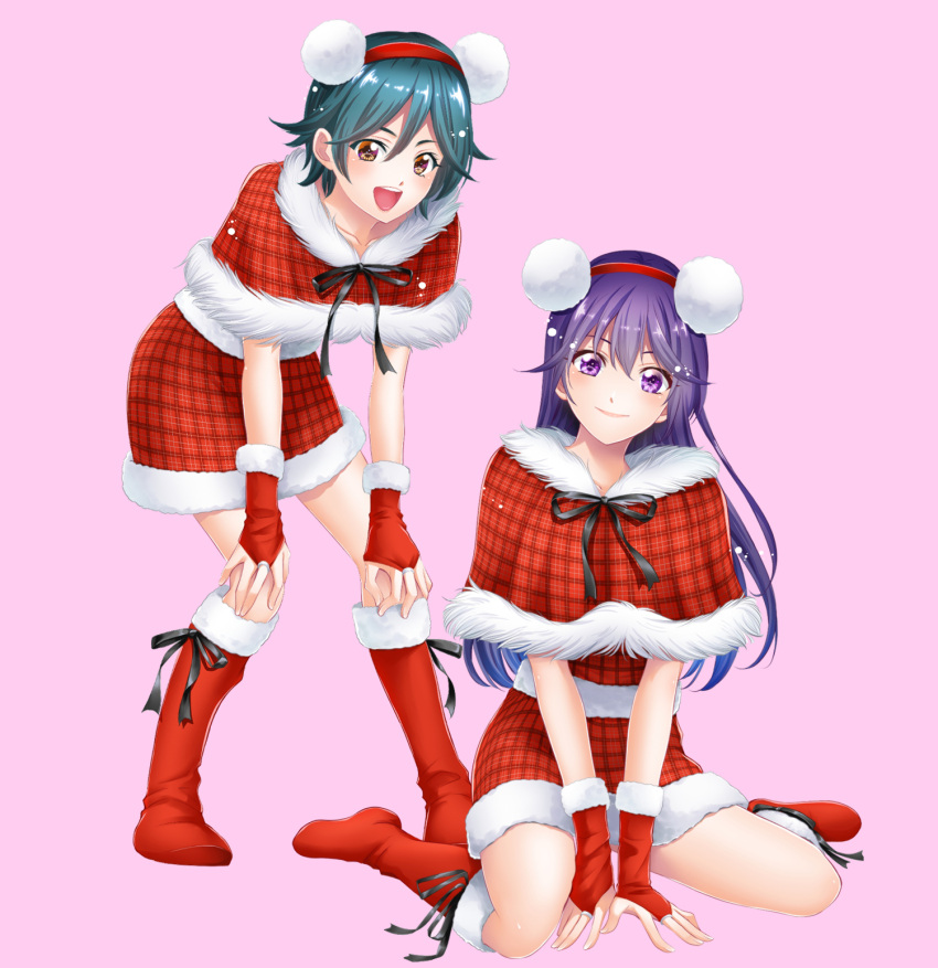 2girls, :d, between_legs, black_ribbon, boots, bridal_gauntlets, brown_eyes, capelet