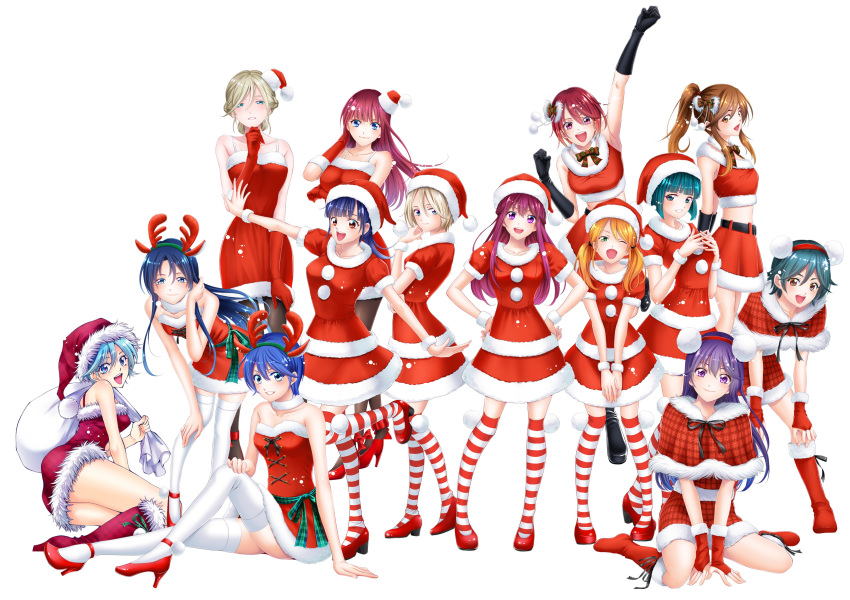 6+girls, :d, ;d, absurdres, akitsuki_fuuka, antlers, aoi_fuuka, aqua_hair