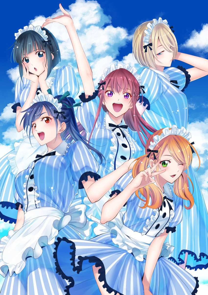 5girls, :o, ;d, apron, between_legs, black_hair, black_ribbon, blonde_hair