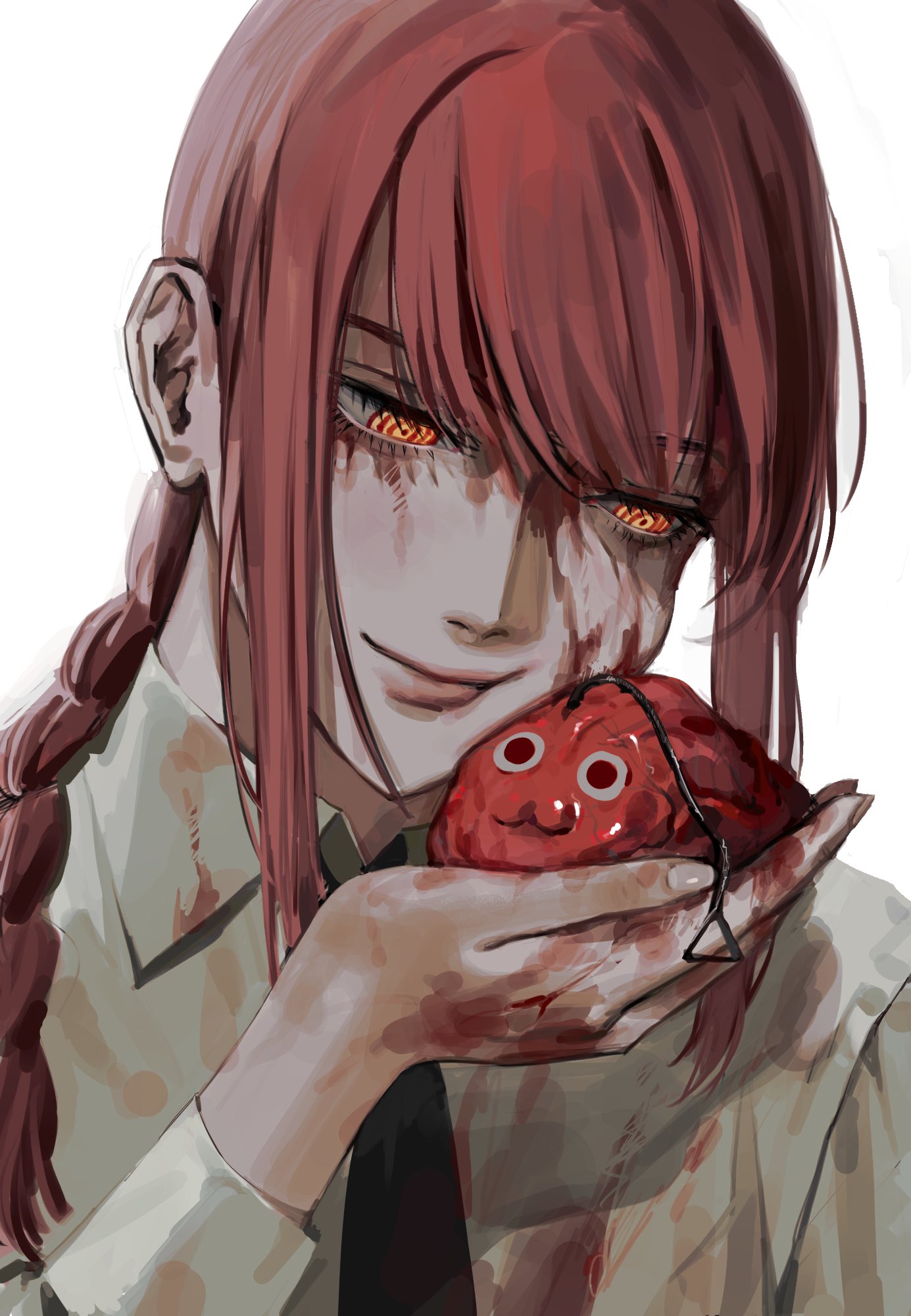 1girl, black_necktie, blood, blood_on_clothes, blood_on_face, blood_on_hands, braid, braided_ponytail