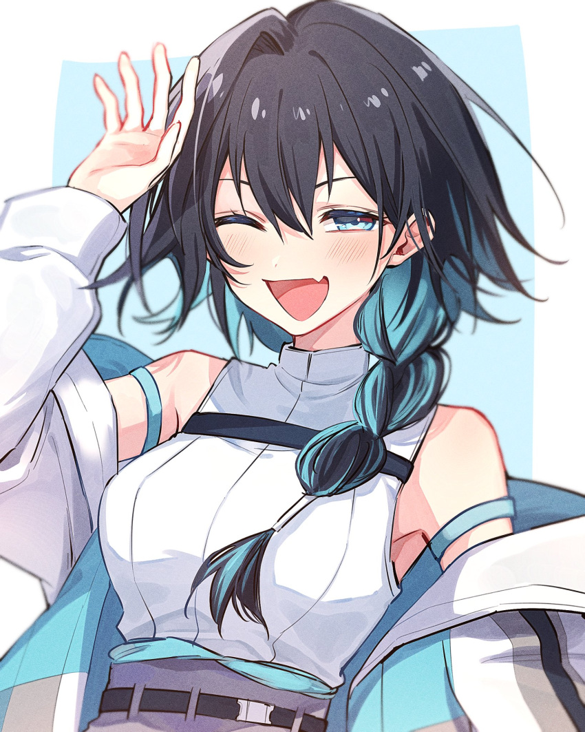 1girl, arm_strap, bangs, belt, black_belt, black_hair, blue_background, blue_eyes