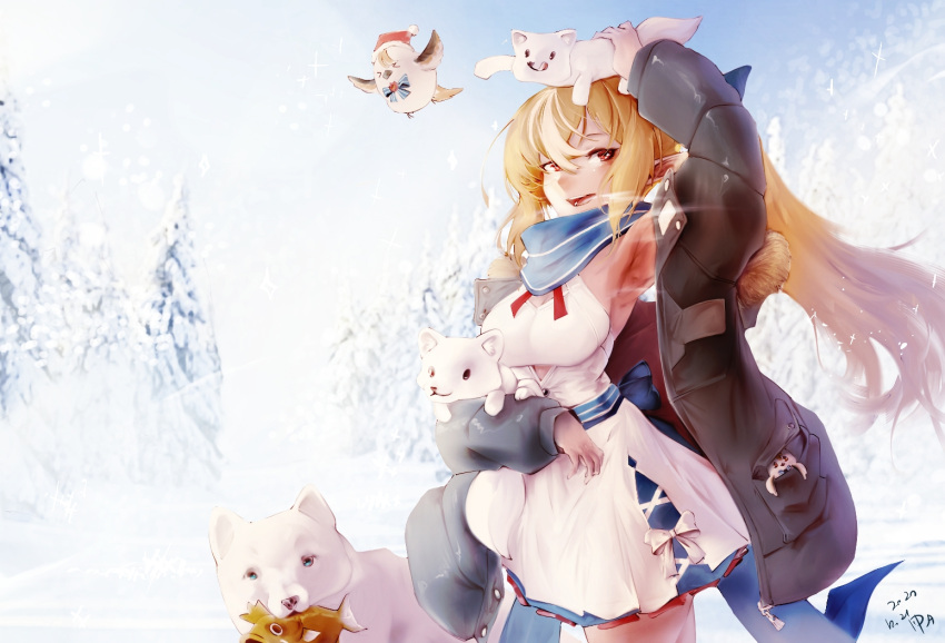 >_<, 1girl, :3, animal, armpits, bangs, bear, bird