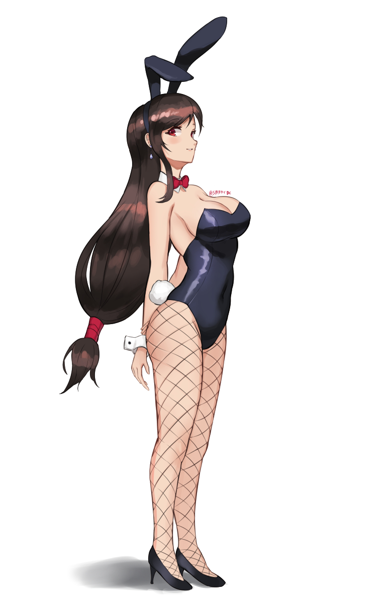 1girl, alternate_costume, animal_ears, arms_behind_back, bare_shoulders, black_hair, black_leotard, blush, bow, bowtie, breasts, closed_mouth, covered_navel, detached_collar, english_commentary, fake_animal_ears, fake_tail, final_fantasy, final_fantasy_vii, fishnet_legwear, fishnets, full_body, high_heels, leotard, long_hair, looking_at_viewer, medium_breasts, playboy_bunny, playboy_bunny_leotard, rabbit_ears, rabbit_tail, red_eyes, smile, solo, spiffydc, standing, strapless, strapless_leotard, tail, tifa_lockhart, white_background, wrist_cuffs