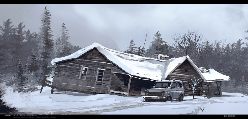cabin, car, chinese_commentary, commentary_request, english_text, forest, ground_vehicle, haguruma_c