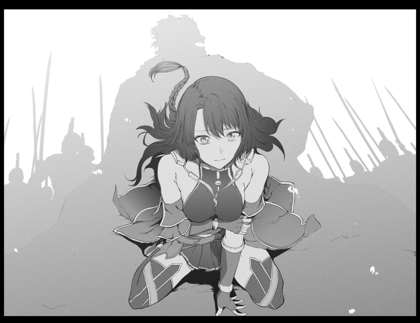 1girl, army, black_border, border, braid, breasts, detached_sleeves, faker_(lord_el-melloi_ii_case_files)
