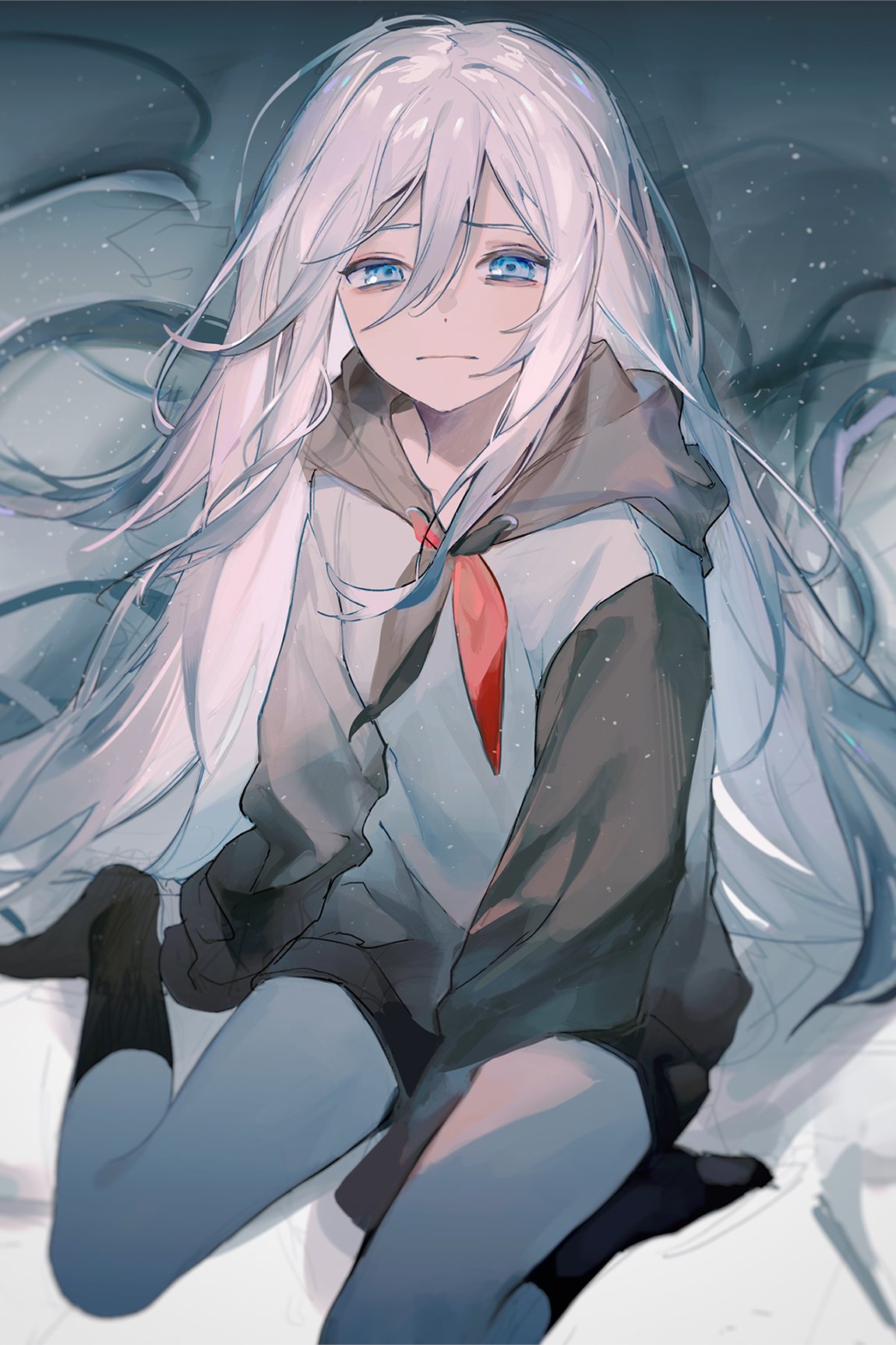 1girl, absurdly_long_hair, black_legwear, black_neckerchief, black_sleeves, blue_eyes, closed_mouth, commentary