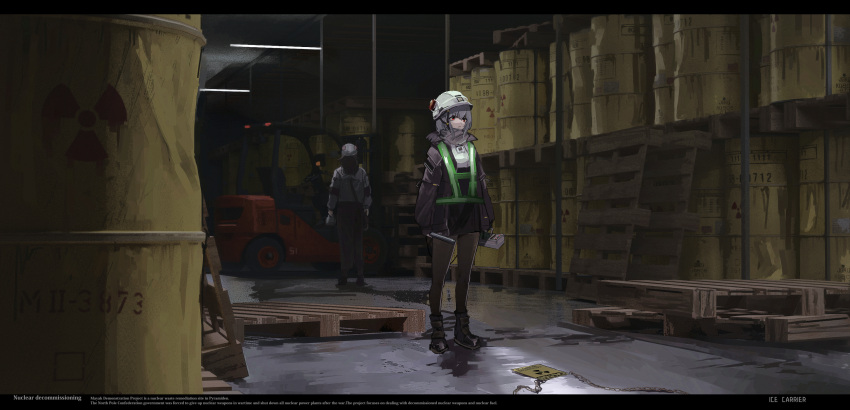 1girl, 1other, black_legwear, cargo_pallet, chain, chinese_commentary, commentary_request, dark