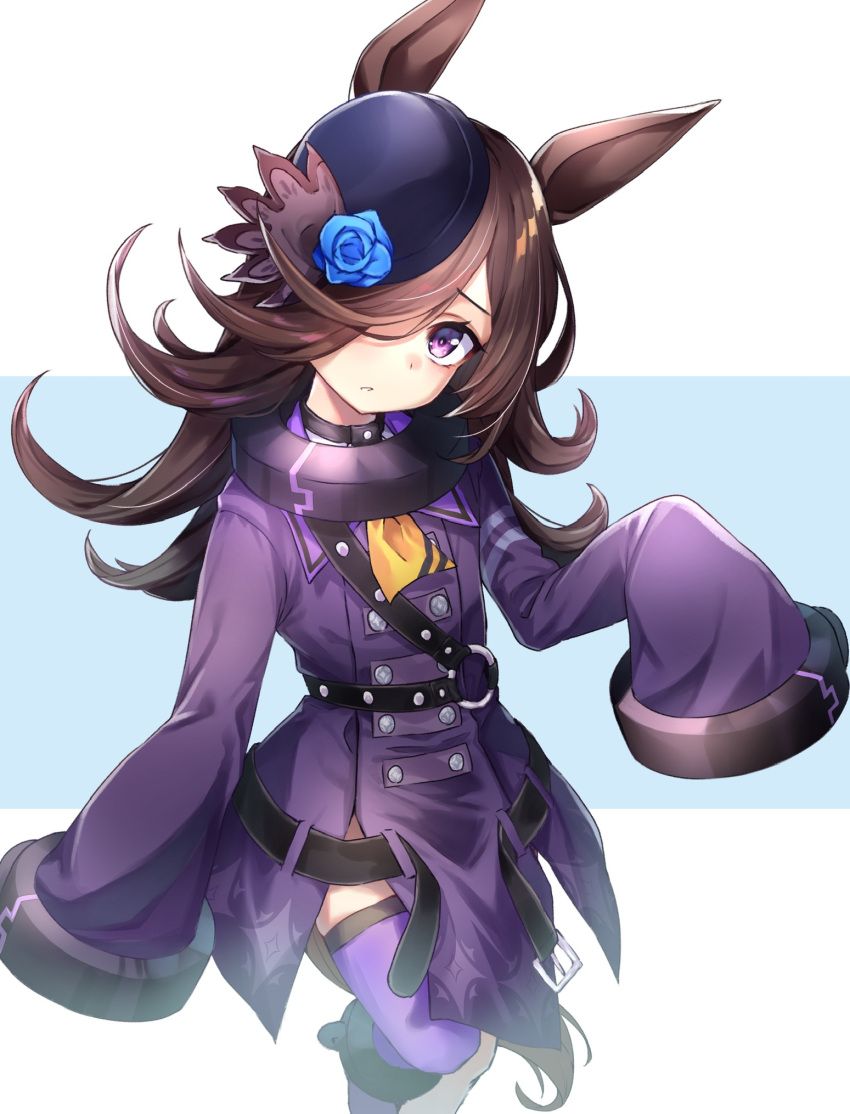 1girl, animal_ears, ankle_cuffs, ascot, belt, belt_buckle, blue_flower, blue_headwear